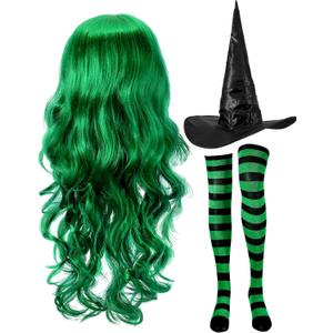 Janinka Halloween Witch Costume Set for Woman, Wig, Witch Hat, Socks (Green)