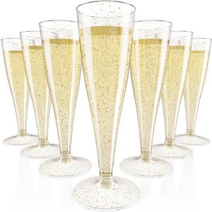 JOLLY CHEF 100 Pack Plastic Champagne Flutes Disposable 4.5 oz Gold Glitter Plastic Champagne Glasses for Wedding, Thanksgiving Day, Christmas