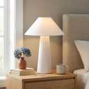 Novogratz x Globe 18" Ceramic Table Lamp, Matte Cream, Off-White Tapered Fabric Shade, in-Line Rocker Switch, 5 Ft. Clear Cord, Home Office, Desk, Living Room