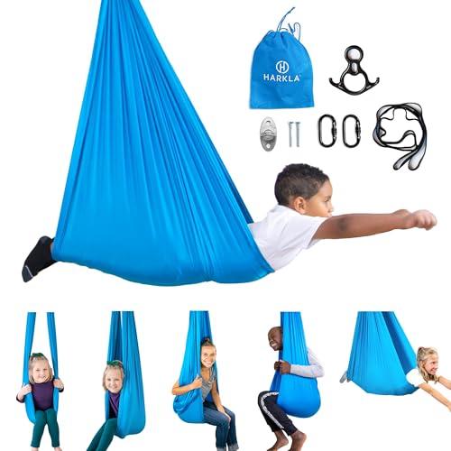 Harkla Sensory Swing for Kids & Adults - Holds 300lbs, Indoor Outdoor Sensory Swing for Hug Like Calming Effect - Double Layered Soft Fabric and Heavy Duty Hardware (Blue, 110" Swing)