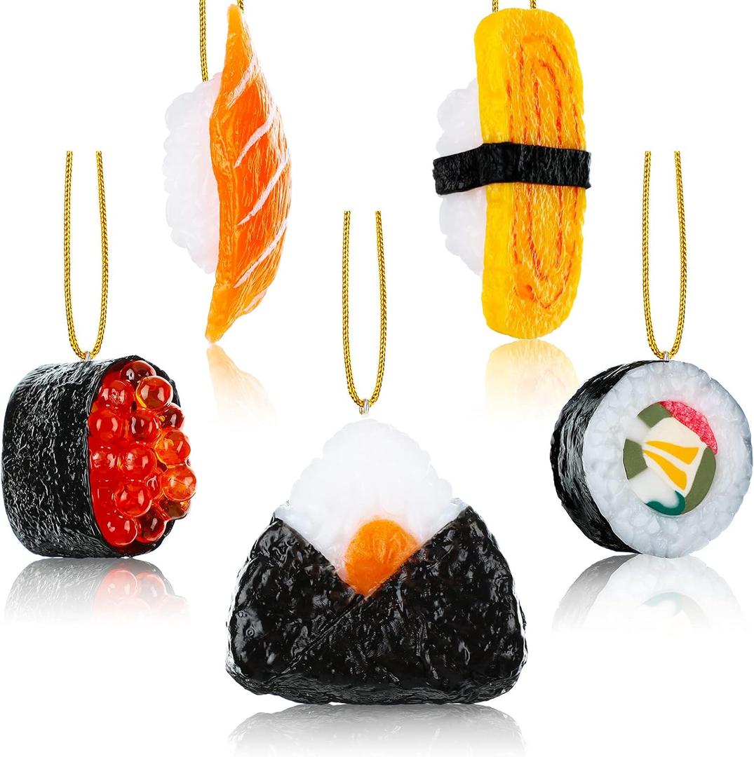 Hicarer 5 Pieces Sushi Ornament for Christmas Tree Christmas Funny Plastic Sushi Roll Ornament Hanging Decor Food Decorative Gift for Home Xmas Tree Party Decoration Supplies, 5 Styles