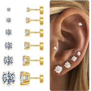 6 Pairs Hypoallergenic Silver-Plated Flat Back Earrings for Women,Stud Cartilage Earrings for Sensitive Ears Cubic Zirconia Ball Earring Screw Back Helix Conch Piercing Sets Trendy Jewelry Gifts