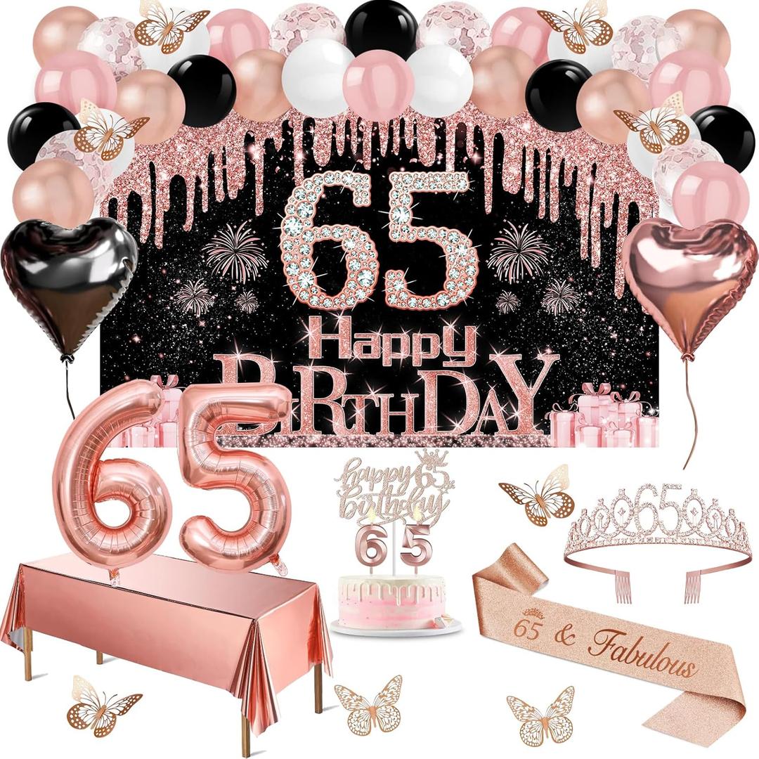 65th Birthday Decorations for Women, 49pcs Black Rose Gold Black Happy 65th Birthday Banner, Tablecloth, Butterfly Decor, Sash and Tiara, Cake Topper, Candles, Balloons Arch