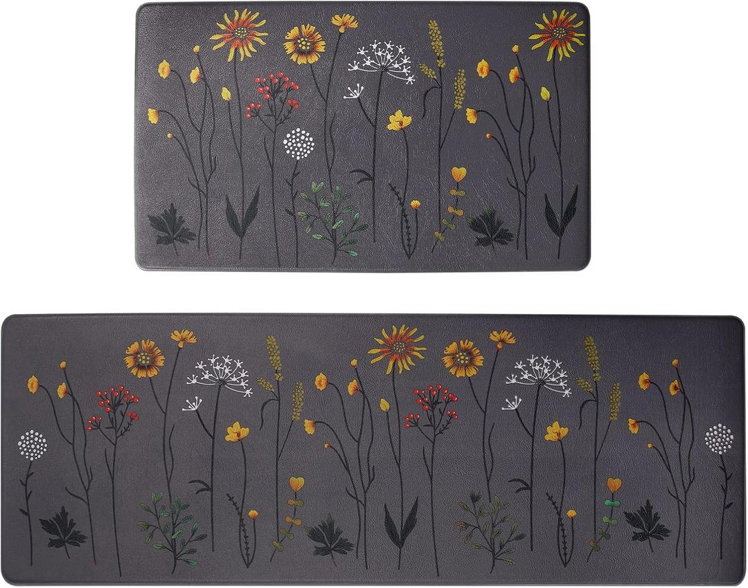 Rempry Kitchen Rugs and Mats Set of 2, Colorful Flowers , Non Slip Cushioned Anti-Fatigue Floor Mats for Kitchen Sink Office, 17"x47"+17"x29"