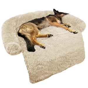 Calming Dog Bed Fluffy Plush Dog Mat for Furniture Protector with Removable Washable Cover for Large Medium Small Dogs and Cats (M, Beige) 37*27