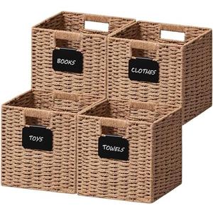 UBBCARE 4 Pack Small Wicker Basket, 9×9 Storage Cubes with Label, Foldable Cube Storage Bin with Handle, Square Storage Basket for Shelves, Woven Paper Rope Basket for Organizing, Caramel