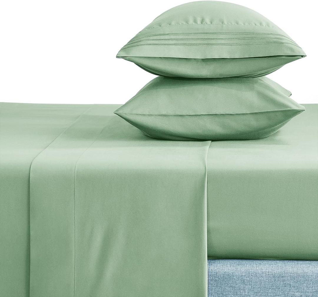 CozyLux King Bed Sheets Set 1800 Series 4-Piece Embroidered Double Brushed Microfiber Sheets 16" Deep Pocket Hotel Soft Luxury Bedding Sheet Set, Wrinkle Resistant, Sage Green