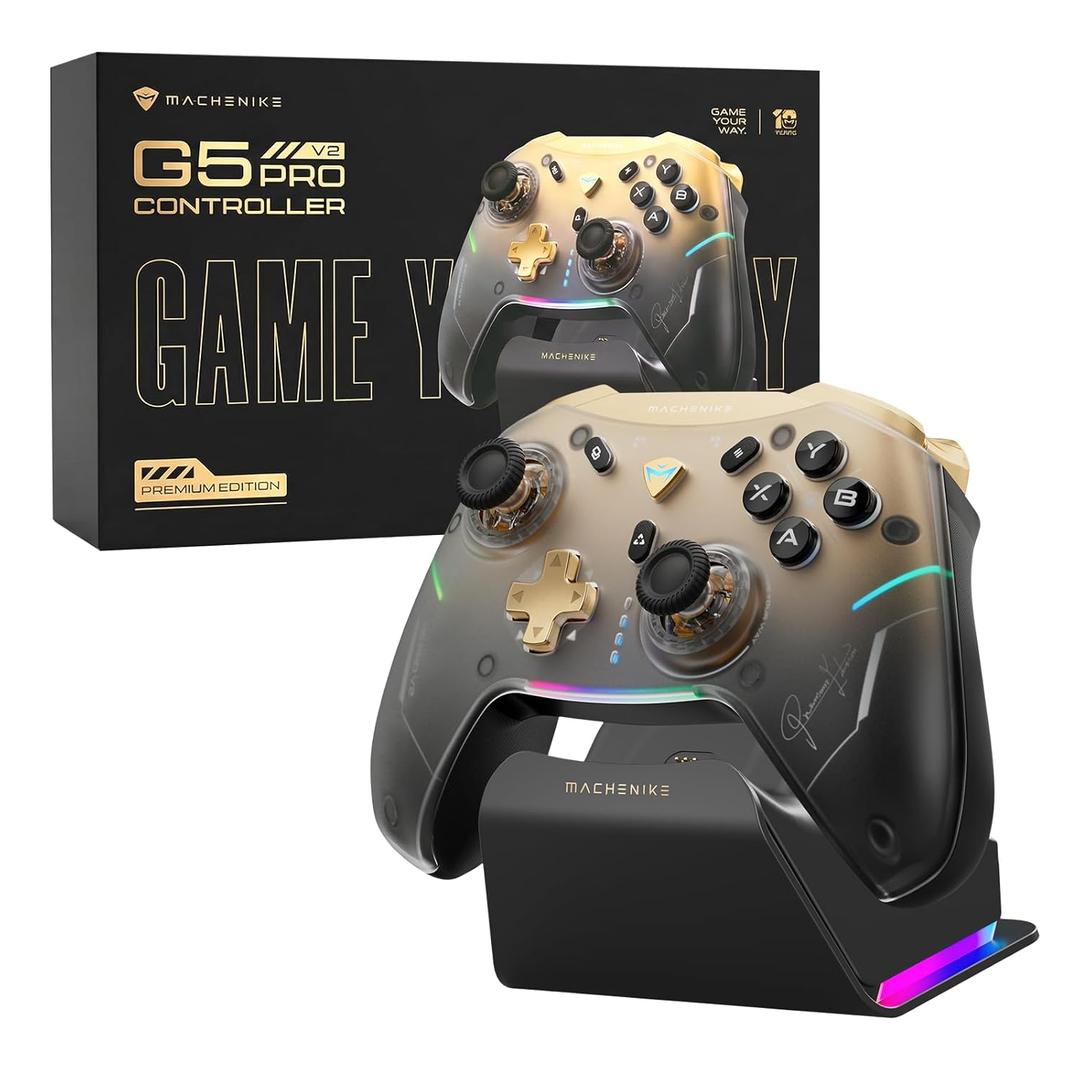 Machenike G5Pro V2 1000HZ Wireless Gaming Controller for NS/PC/iOS/Android with Charging Dock,PC Controller With Hot-Swappable Joystick,Optical Triggers,Optical Micro Switches,RGB Backlight, Black Gold