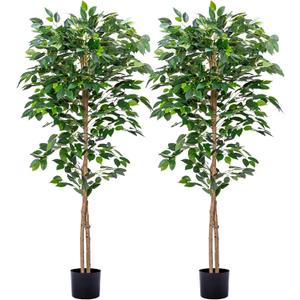 2Packs 5FT Artificial Ficus Trees with Realistic Leaves and Natural Trunk, Faux Ficus Tree with Sturdy Plastic Nursery Pot, Fake Ficus Tree for Office Home Farmhouse for Indoor Outdoor Decor