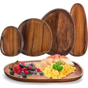 Okllen Set of 5 Acacia Wood Serving Platter and Trays, Irregular Oval Solid Wood Plates Serving Tray, Lightweight Wood Dinner Plates for Breakfast, Coffee, Tea, Snack, Plant, Housewarming Gift