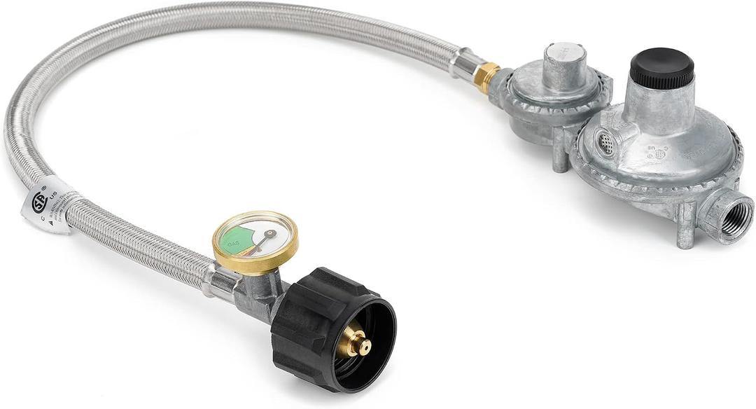 Stanbroil Horizontal Two Stage Propane Regulator - 20" RV Propane Pigtail Stainless Steel Braided Hose with Gauge
