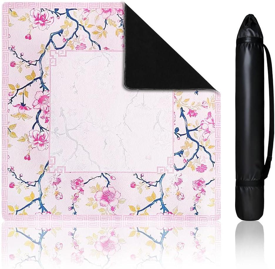 Chinoiserie Mahjong Mat for Table with Black Carrying Bag, Anti-Slip, Noise-Reducing Table Cover for Mahjong Poker Board Games Dominoes Card Games 31.5" x 31.5" (Blue + Pink)