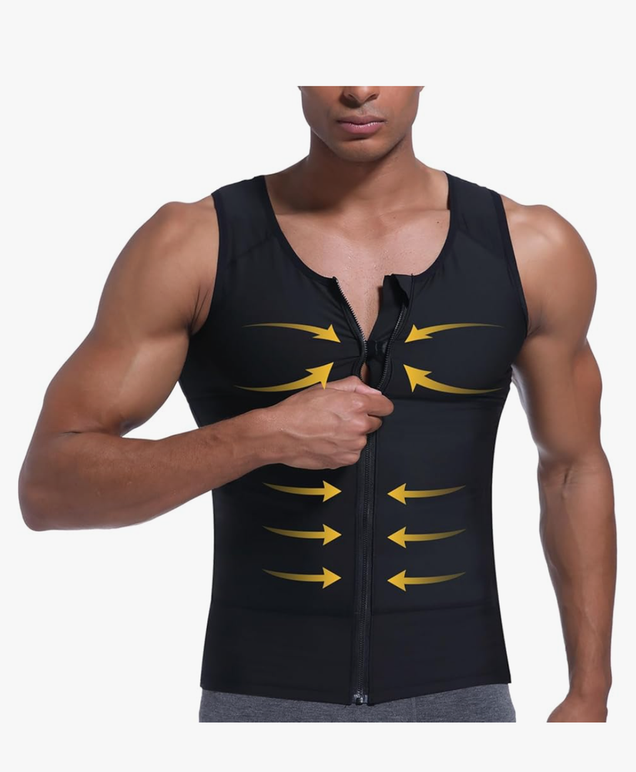 Mens Compression Zipper Vest,Gynecomastia Tummy Control Shirt,Back Support Shapewear Slimming Undershirt L