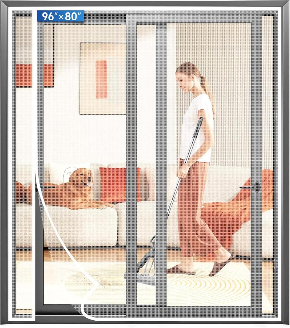 Magnetic Screen Door Left Right Side Opening Upgraded PET Mesh Greater Than Fiberglass and Polyester,Keep Bugs Out,Pet & Kid Friendly,Suitable for Sliding Doors,Patio French Doors-96" X 80"