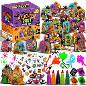 24 Pack Halloween Party Favors for KidsPrefilled Mesh Treat Bags with Toys, Gift Tags & TwineTrick or Treat Goodie Bag Fillers, Classroom Prizes & Exchange Gifts