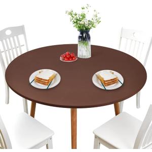 NEWISHER Round Fitted Table Cover Spandex Stretch Tablecloth Brown Table Top Cover with Elastic Edged for Dining Picnic Patio 48 inch