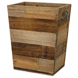 Small Wood Garbage Can, Farmhouse Rectangular Garbage Can Waste Basket, Rustic Distressed Reclaimed Wood Wastebasket, Vintage Wooden Garbage Recycling Bin Storage Basket with Metal Handles (Natural)