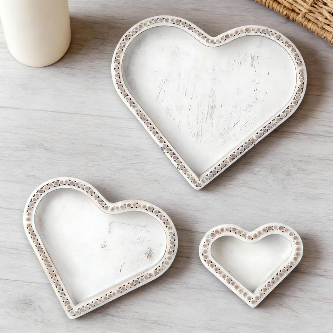 Remerry 3 Pcs Valentine's Day Heart Wooden Trays Rustic Heart Shaped Wooden Tray White Washed Bead Tray for Candle Keys Jewelry Modern Farmhouse Table Centerpieces Home Party Wedding Decor, 3 Size