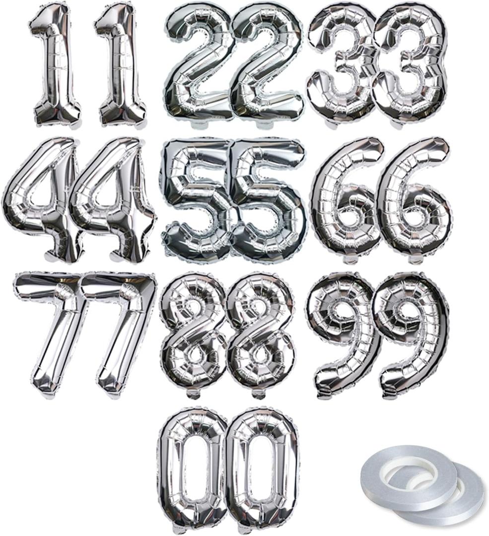 [20 Pcs] 16" Silver Foil Number Balloons (2 sets of 0-9) - Mylar Aluminum Hanging Decorations for Graduation, Birthday, Christmas & New Year's Eve Parties