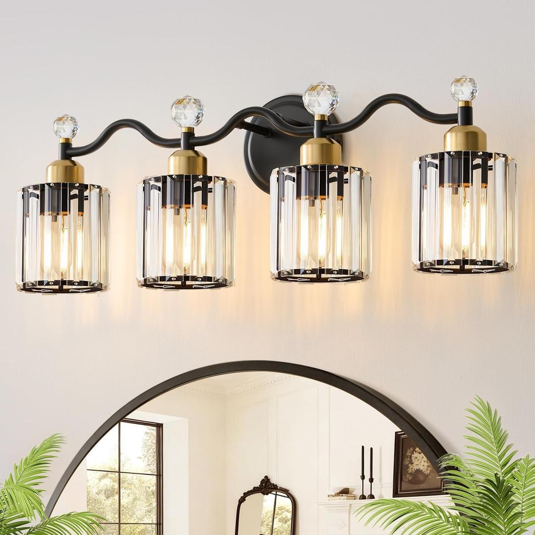 Modern Crystal Bathroom Vanity Light,Balck and Gold 4-Lights Bathroom Light Fixtures, Vanity Light Fixtures Over Mirror, Glass Wall Sconce Light for Bedroom, Kitchen, Living Room, Gallery, E26 Base (Black&Brass)