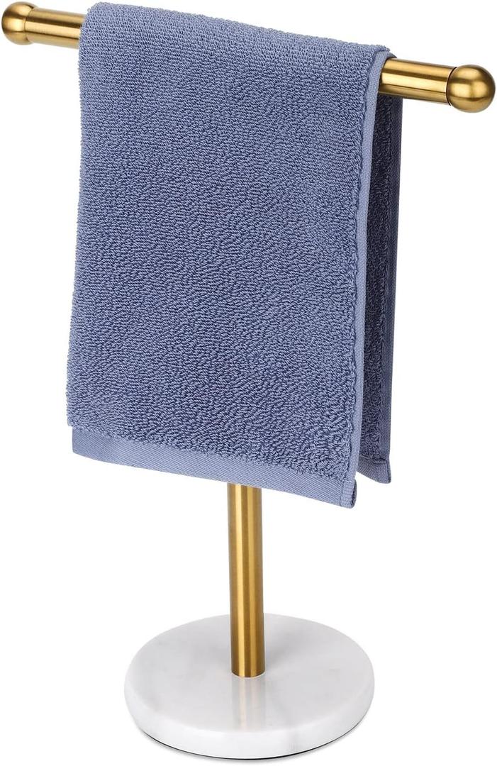 Gold Hand Towel Holder Stand with Heavy Marble Base, T-Shape Towel Rack, Free-Standing for Bathroom Vanity Countertop, 304 Stainless Steel (Gold)