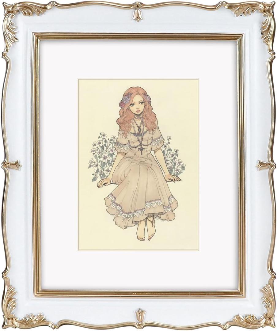 PHAREGE Vintage Picture Frame 8x10 White Gold, 8 by 10 Ornate Decorative Antique Frame with Mat for 5x7 Photo, Fancy Matted Frame for Desktop or Wall, Horizontal or Vertical