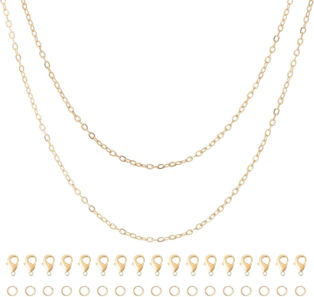 Pandahall 13.12 Ft 16K Gold Plated Cable Chains 1.5x1.2x1mm Soldered Brass Oval Link Chains with Lobster Claw Clasps & Jump Rings for DIY Necklace Jewelry Making