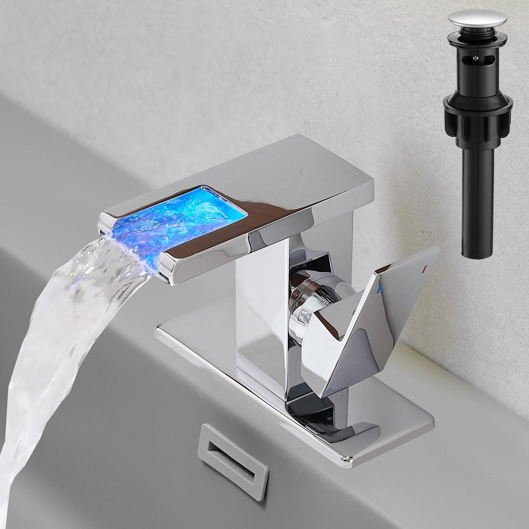 Hoimpro LED Waterfall Bathroom Faucet Polished Chrome, Single Handle Bathroom Sink Faucet 1 Hole, 3 Colors Light Changing, with Popup Drain and cUPC Supply Lines, Stainless Steel