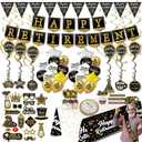 Happy Retirement Party Decorations supplies - (80pack) black gold party Banner, Pennant, Hanging Swirl, retirement balloons, Tablecloths, cupcake Topper, Crown, plates, Photo Props, retired Sash