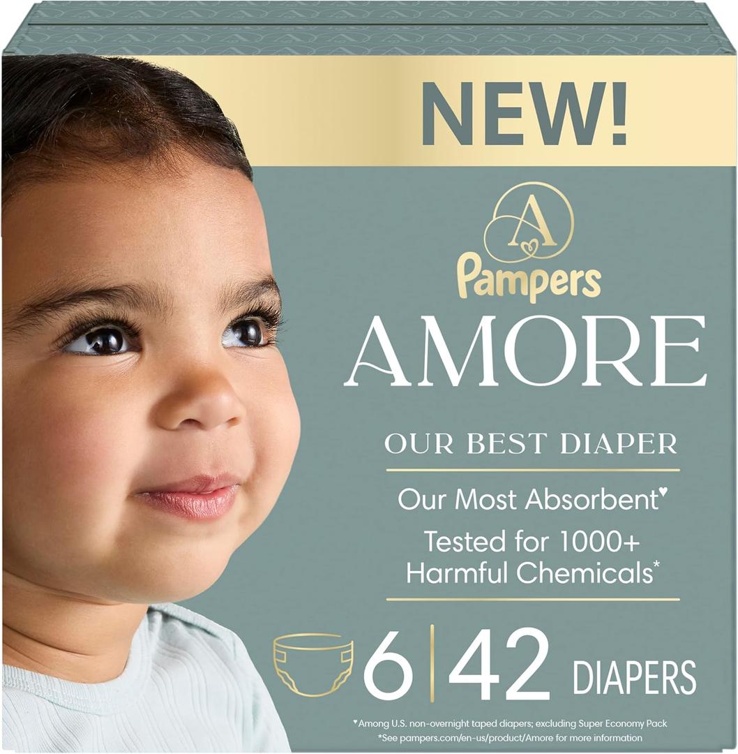 Pampers Amore, Size 6 (23-44 lbs), 42 Count, Our Best Diaper Hypoallergenic & Fragrance Free, Up to 100% Leakproof, Soft as Cashmere