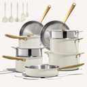 CAROTE 24pcs Tri-Ply Stainless Steel Cookware Set, Pots and Pans Set, Non Toxic Induction Kitchen Cooking Sets, Cookware Collection, Outer Ceramic Layer, Cream White