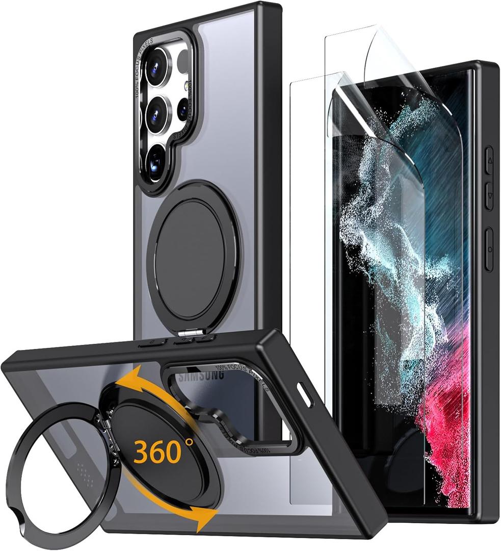 Magnetic Stand Case for Samsung Galaxy S22 Ultra/S23 Ultra [with 2 Screen Protectors] [360 Rotation Magnetic Stand] [Compatible with Magsafe] Military-Grade Drop Protection Case, Black