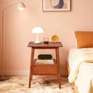 Fluted Nightstand with Drawer  Tall Solid Bamboo Bedside Table with Open Shelf, Modern End Table with Storage for Bedroom, Living Room, Office (Natural Wood) (Walnut)