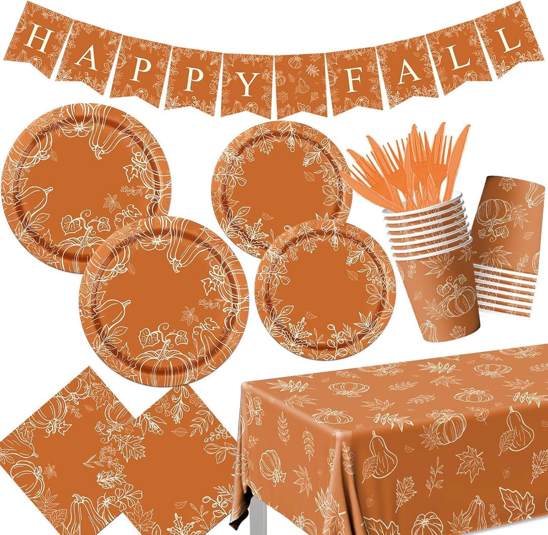 Fall Pumpkin Dinnerware Decorations,142pcs Thanksgiving Fall Leaves Tableware Include Pumpkin Plates and Napkins Cups Tablecloth Banner for Harvest Autumn Party