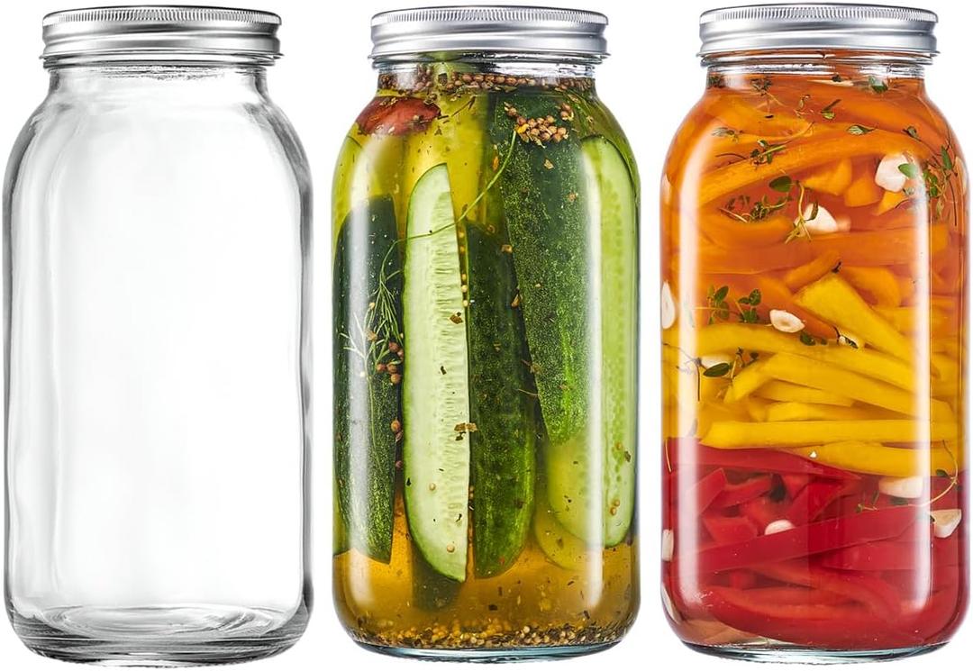 GLING [3 Count 64 oz. Wide-Mouth Glass Mason Jars with Metal Airtight Lids and Bands 2 Quart Large For Preserving, & Meal Prep