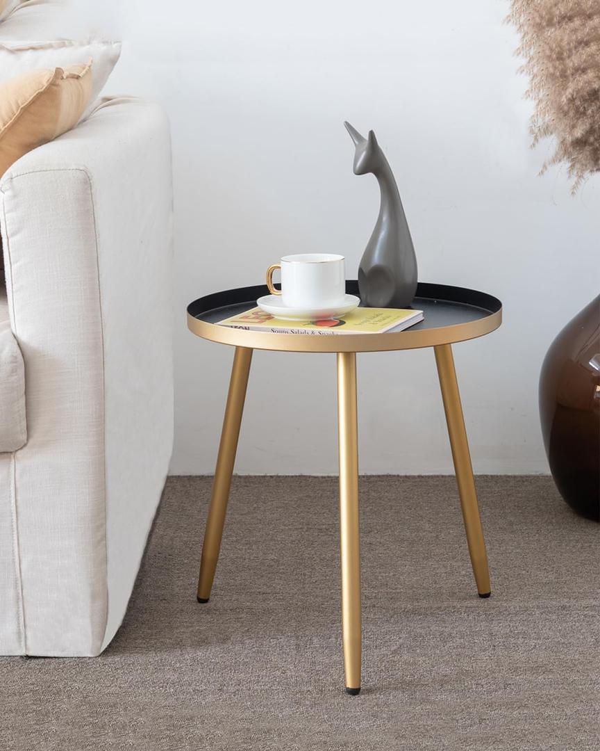 AOJEZOR Side Table: End Table for Any Room - Round Side Tables for Small Spaces - Black Top with 3 Gold Legged (16.9''Dia x 17''H)