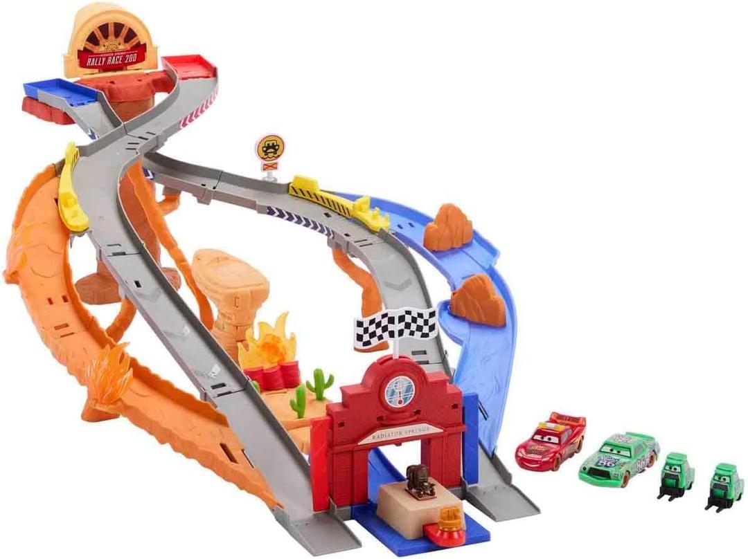 Mattel Disney and Pixar Cars Toy Playset, Lightning McQueen & Chicks Hicks & 2 Pitty Crew Vehicles, 2 Ways to Race, Race & Rescue Rescue Road Raceway