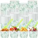 Honeydak 48 Set Floral Paper Ice Cream Cups 9 oz Disposable Treat Snack Cups with Spoons Dessert Bowls for Sundae Frozen Yogurt Soup Birthday Bridal Shower Wedding Party(Green)