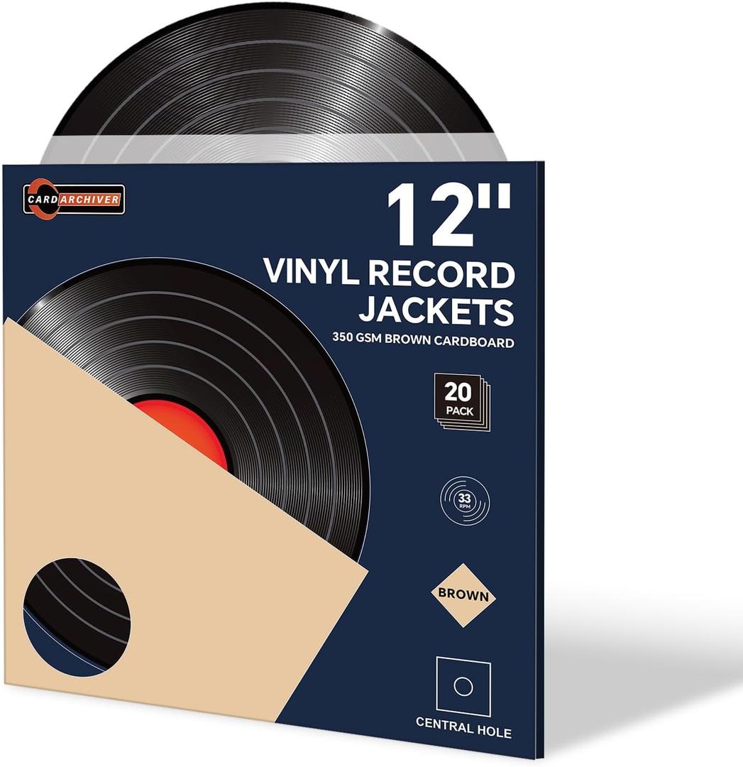 20PCS 12 Inch Brown Vinyl Record Jackets, Thick Cardboard Sleeves with Center Hole, Blank LP Album Covers for 33 RPM Storage & Organization, 350gsm LP Jackets for Record Storage