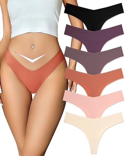 FINETOO Seamless Thongs for Women Sexy No Show Panties Invisible V-waisted Stretch Ladies Underwear 6 Pack (XL)