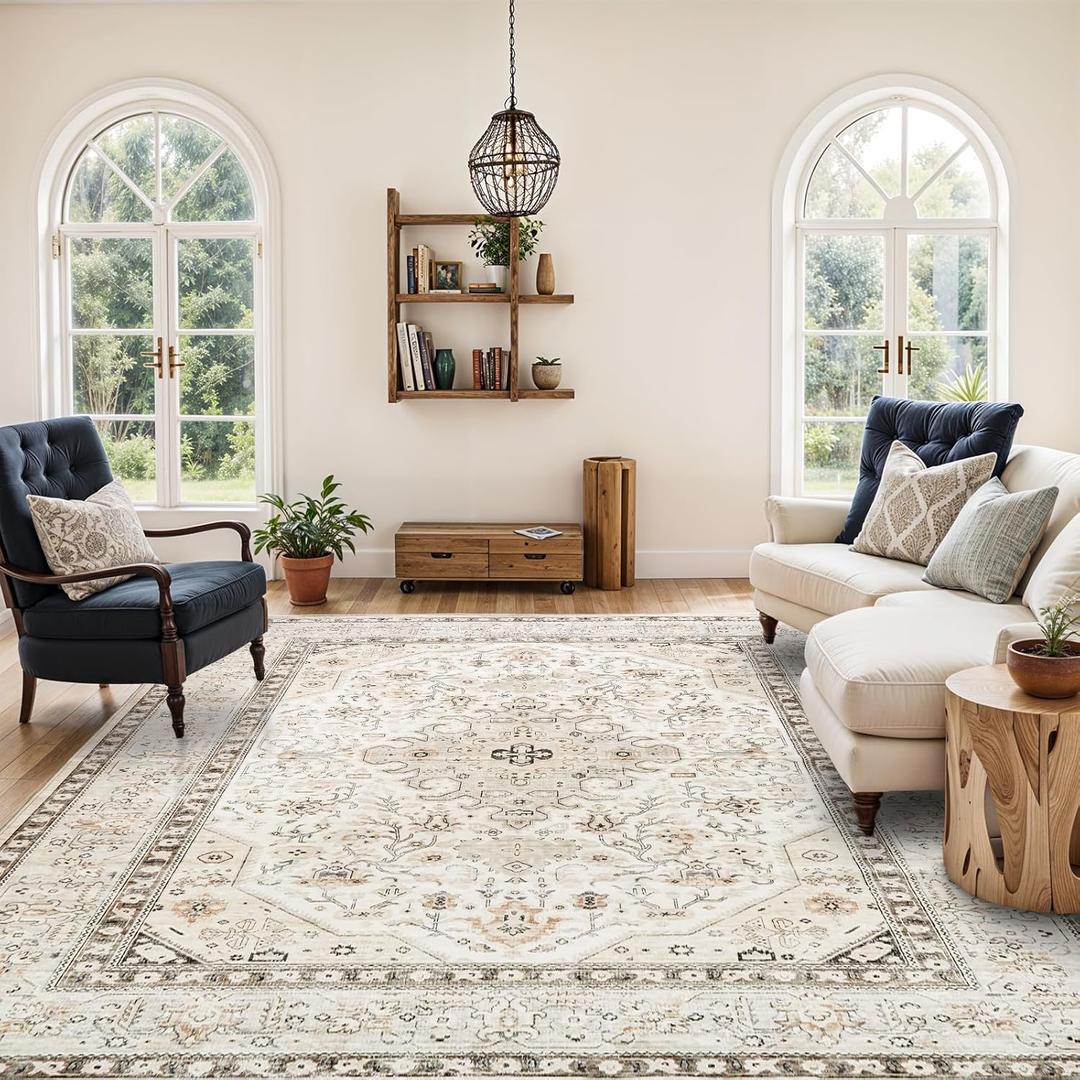 HILORUUG Washable Area Rug 8x10 - Bedroom Living Room Large Indoor Rugs Soft Oriental Vintage Rugs Non-Slip Backing Stain Resistant for Farmhouse Kitchen (8x10 Ivory/Multi)