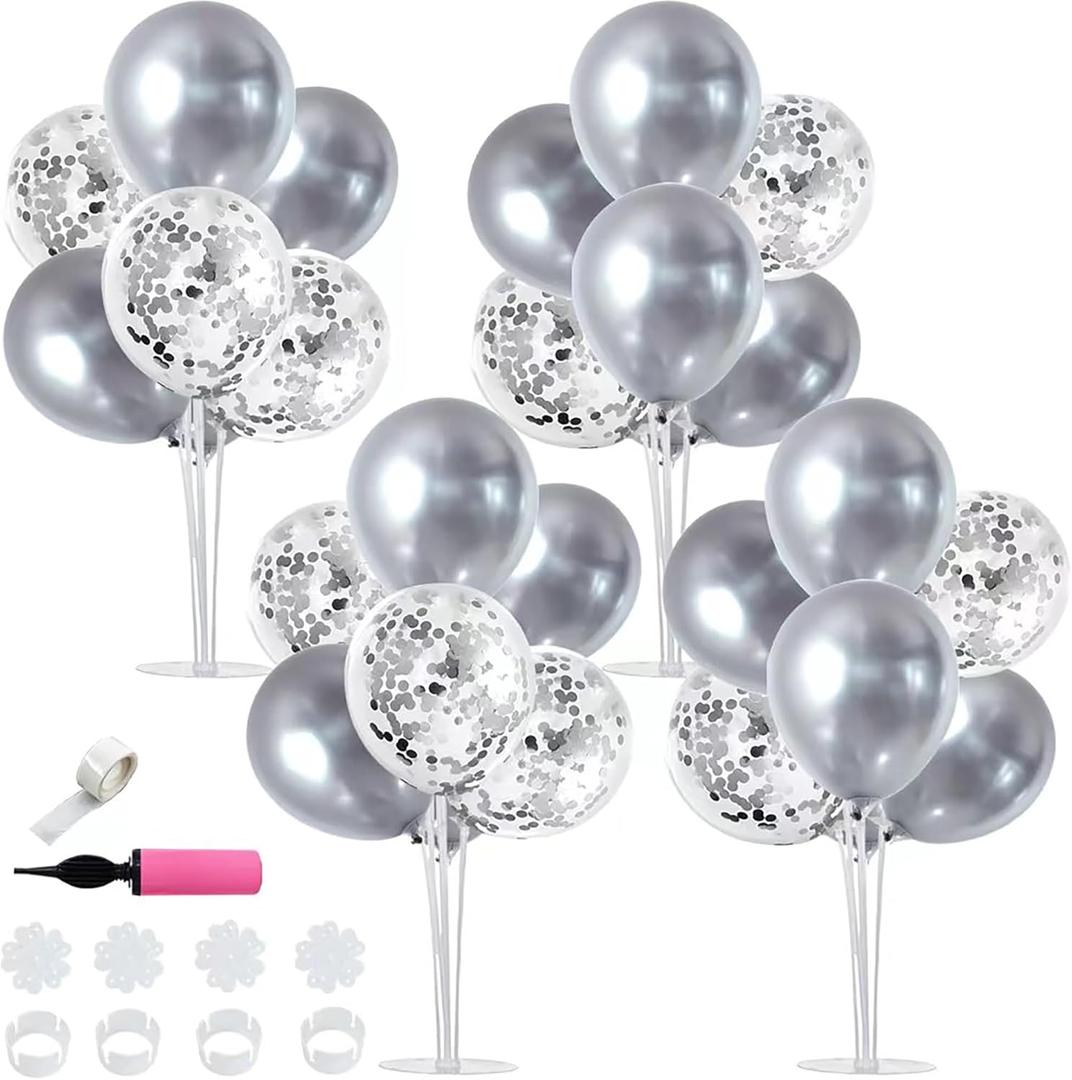 TONIFUL 4 Silver Balloon Stand Centerpiece Table Decorations for 25th Wedding Anniversary Bridal Shower 2026 Graduation Party Decoration, New Year 2026 Christmas Birthday Decorations