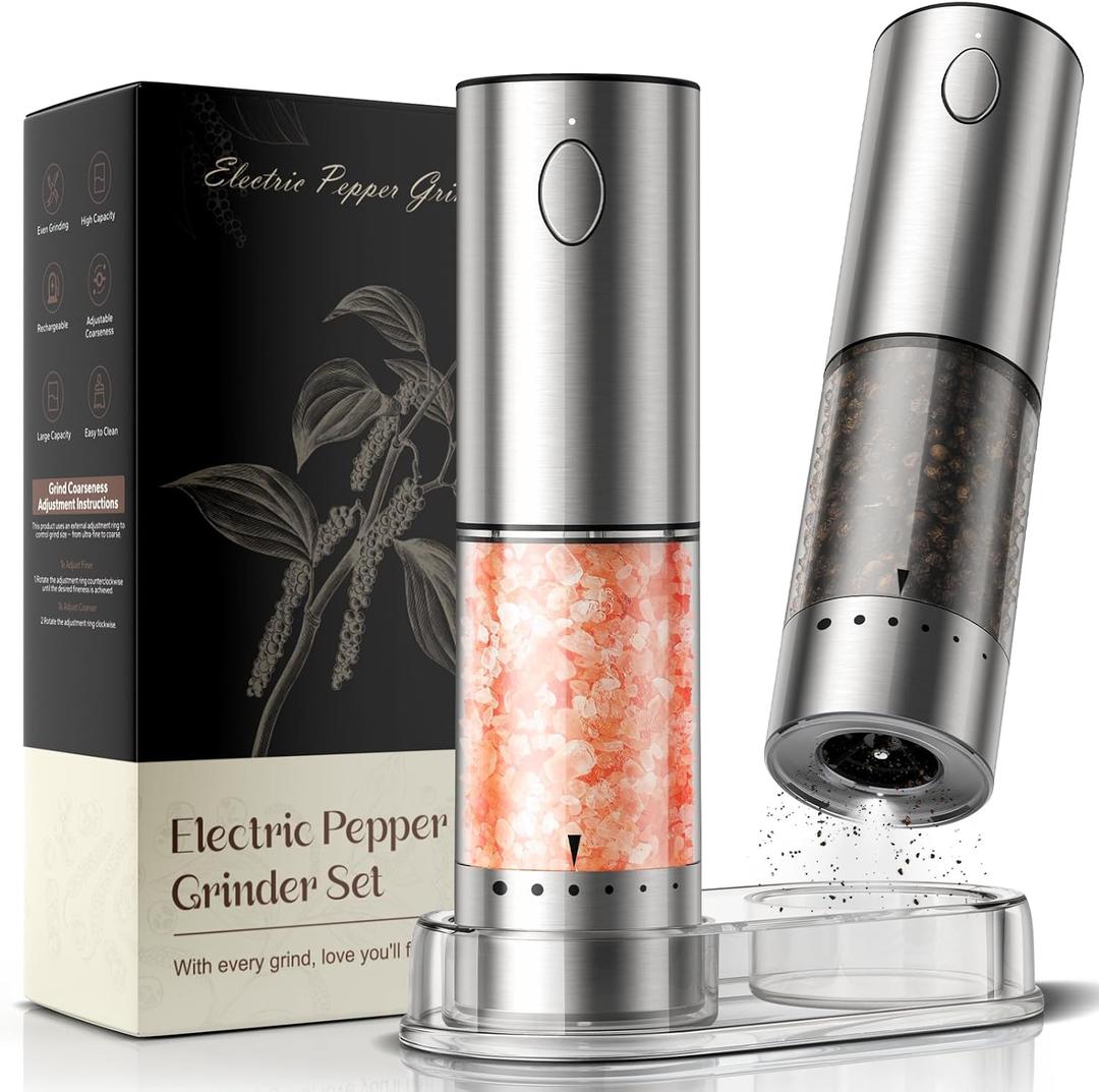 Electric Salt and Pepper Grinder Set  Rechargeable Automatic Salt and Pepper Shaker with 6 Adjustable Coarseness, Large-Capacity Pepper Mill Kitchen Appliances and Home Essentials Gifts for Women (Rechargeable-Stainless Steel)