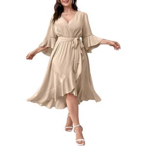 SCOMCHIC Women Plus Size Wedding Guest Maxi Dress Long Sleeve Faux Wrap V Neck High Low Ruffle Cocktail Dress with Belt (3X-Large Plus, Beige)