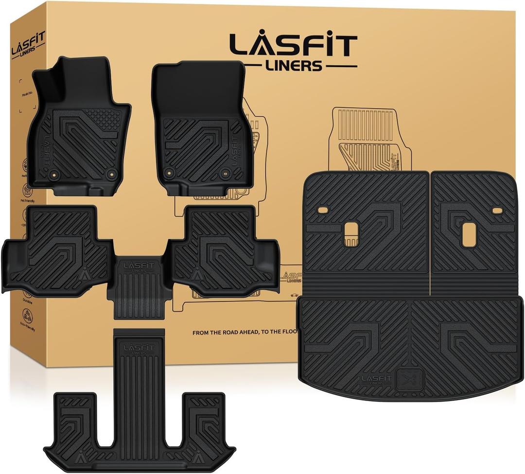 LASFIT Floor Mats & Backrest Mats & Cargo Mats for Mazda CX-90/CX-90 PHEV 2026 2025 2024 7 Seats with 2nd Row Bucket Seats, All Weather TPE Custom Fit Floor Liners for CX-90/CX-90 PHEV Car Mats