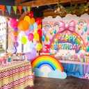 Rainbow Happy Birthday Backdrop Pink Bow Rainbow Photography Background for Girls Baby Shower Birthday Party Cake Table Decoration (8x6FT)