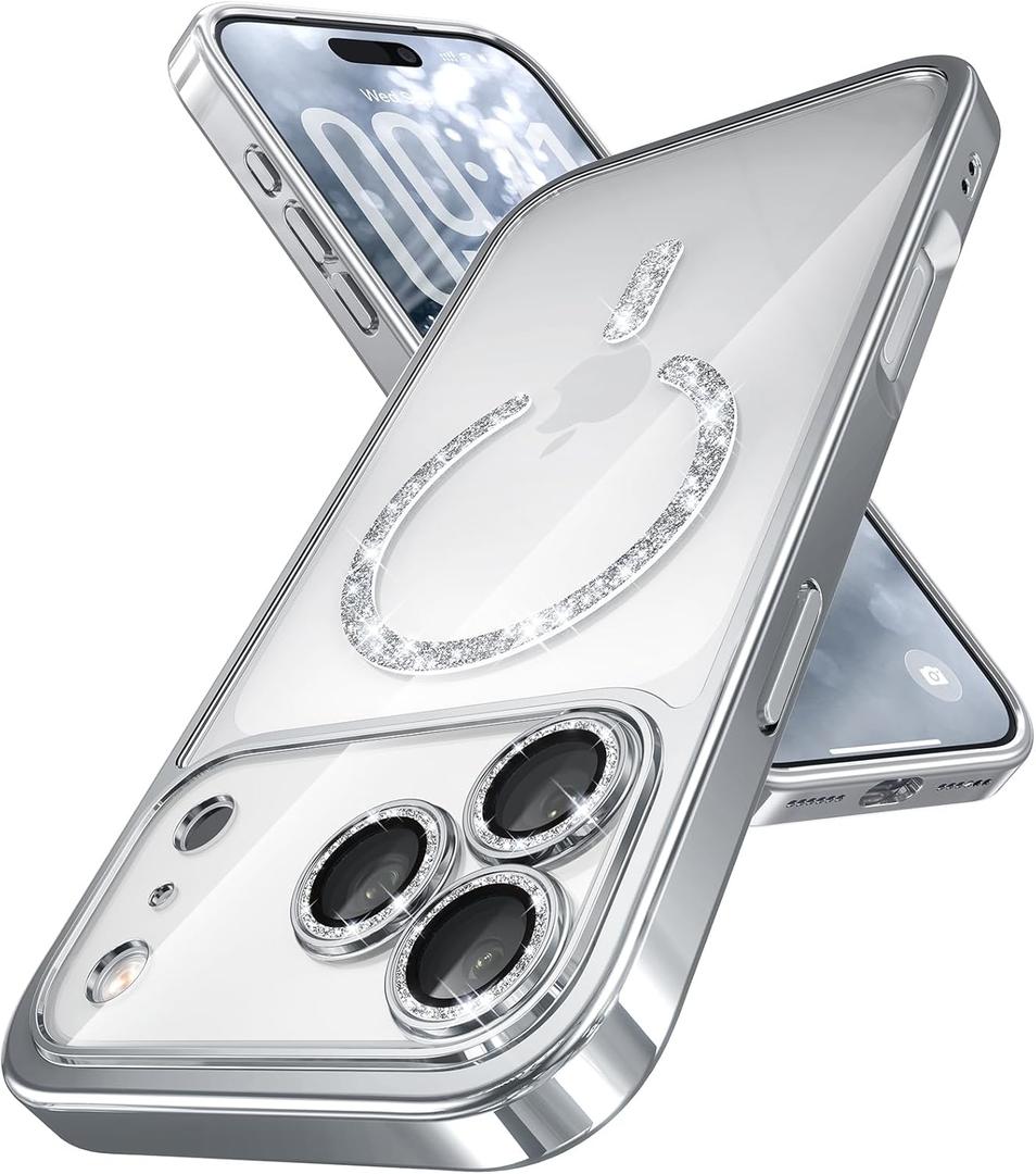 Magnetic for iPhone 17 Pro Max Case with Glitter Integrated Lens Protection, [Glossy Bumper & Shiny Magnetic Ring] [Compatible with Magsafe] Cute Women Girly Phone Case for iPhone 17 Pro Max Silver
