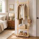 Coat Rack Freestanding Solid Wood Clothes Rack with Wheels
Space Saving,Stable 5 Hooks 2 Shelves Coat Tree,Silent 360 Degree Wheels,Heavy Duty 150 lb Capacity for Entryway Bedroom