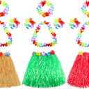 3 Set Grass Skirts for Kids Girls Elastic Hawaiian Hula Dancer Grass Skirt with Flower Leis for Luau Party Costume Set (Multicoloured)