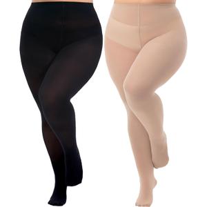 Plus Size Tights for Women, Run-Resistant High Waist Oversize Pantyhose, Semi Opaque Nylon Tights 1X, 2X, 3X, 4X (Black+beige)